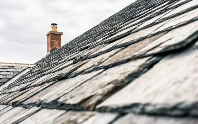 Encuentro de chimenea sellado en una cubierta de pizarra