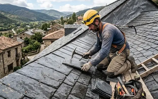 Pizarrero renovando la cubierta de una casa de sierra