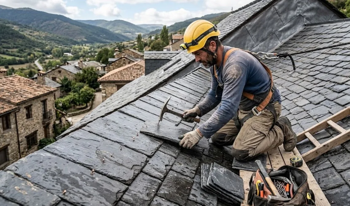 Línea de vida anclada sin dañar la pizarra para el mantenimiento de los paneles