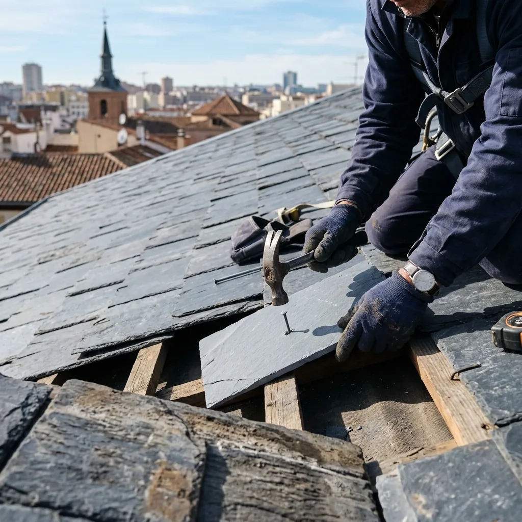 Reparación de tejado de pizarra en urbanización de Boadilla